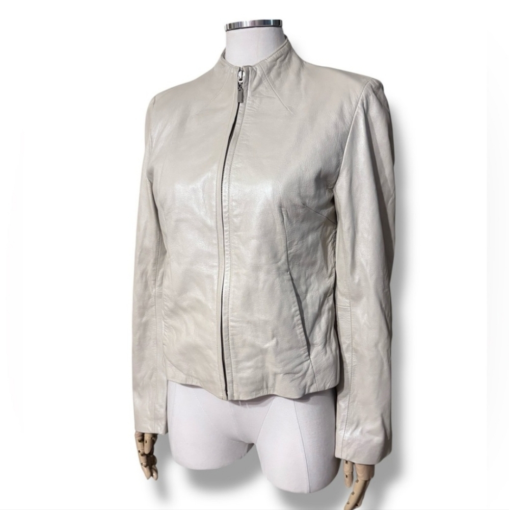 SIENNA STUDIO Ivory Pearlescent Leather Biker Jacket
